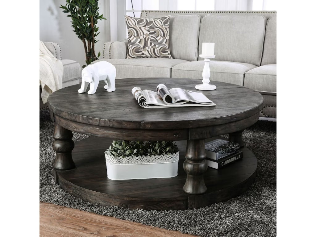 Rustic Style Round Wooden Coffee Table Antique Gray Finish supported Turned Legs And Open Shelf
