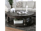 Rustic Style Round Wooden Coffee Table Antique Gray Finish supported Turned Legs And Open Shelf