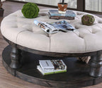 Rustic Style Round Wooden Coffee Table Antique Gray Finish supported Turned Legs And Open Shelf