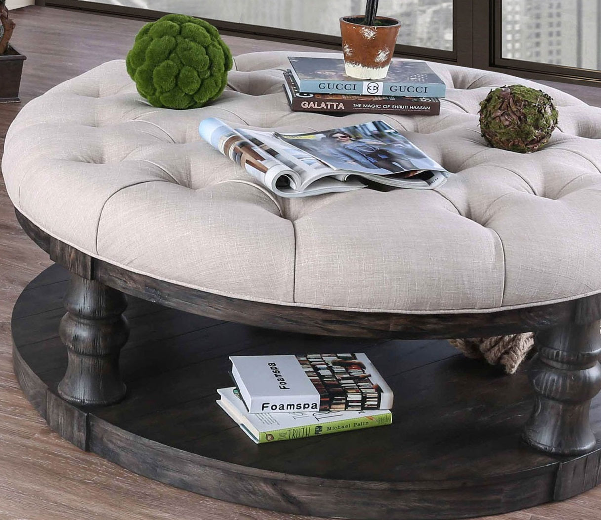 Rustic Style Round Wooden Coffee Table Antique Gray Finish supported Turned Legs And Open Shelf