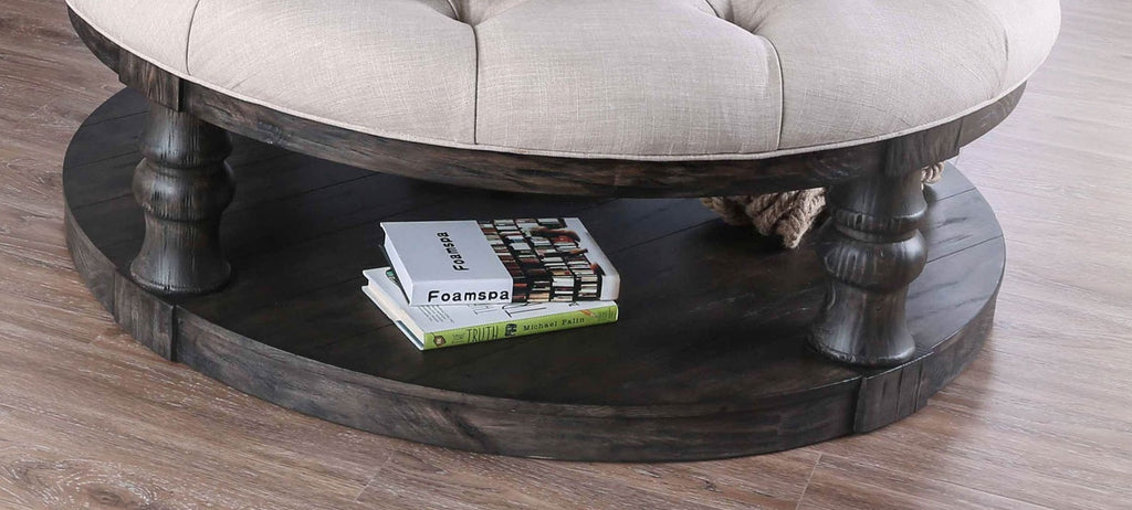 Rustic Style Round Wooden Coffee Table Antique Gray Finish supported Turned Legs And Open Shelf