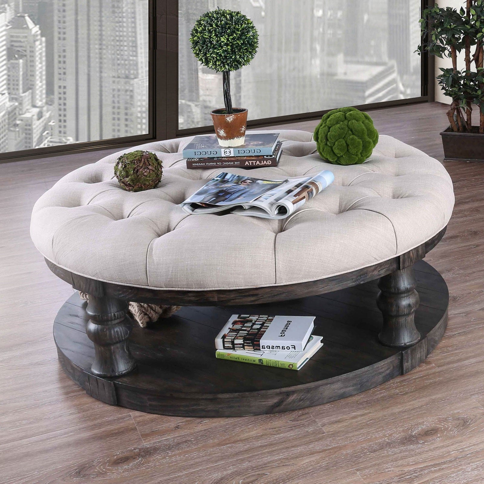 Rustic Style Round Wooden Coffee Table Antique Gray Finish supported Turned Legs And Open Shelf