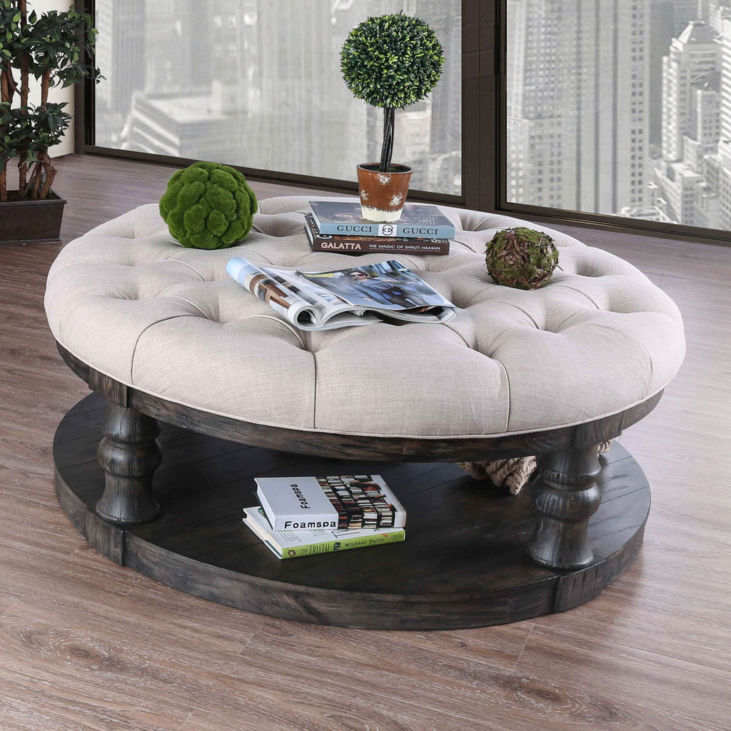 Rustic Style Round Wooden Coffee Table Antique Gray Finish supported Turned Legs And Open Shelf