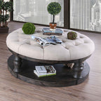 Rustic Style Round Wooden Coffee Table Antique Gray Finish supported Turned Legs And Open Shelf
