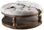 Rustic Style Round Wooden Coffee Table Antique Oak Finish supported Turned Legs And Open Shelf