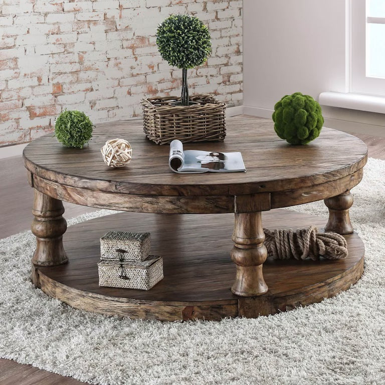 Rustic Style Round Wooden Coffee Table Antique Oak Finish supported Turned Legs And Open Shelf