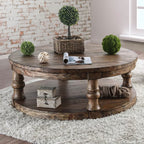 Rustic Style Round Wooden Coffee Table Antique Oak Finish supported Turned Legs And Open Shelf