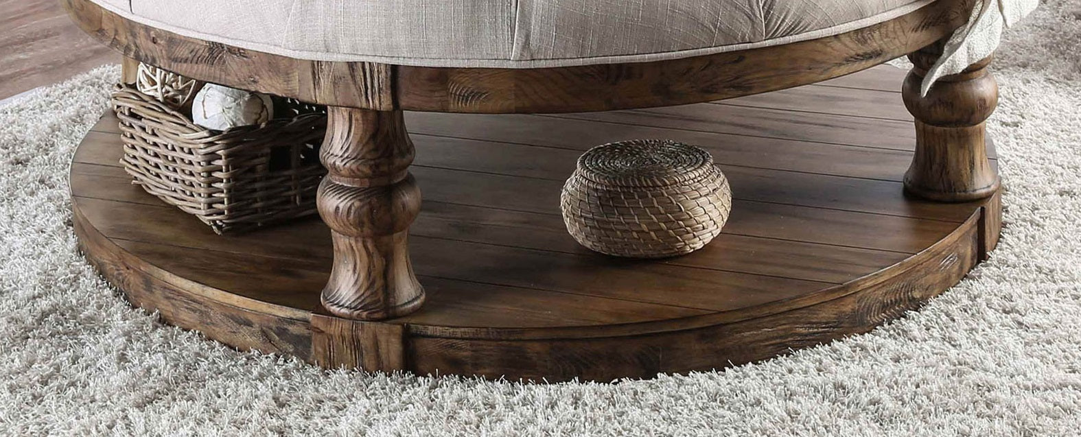Rustic Style Round Wooden Coffee Table Antique Oak Finish supported Turned Legs And Open Shelf