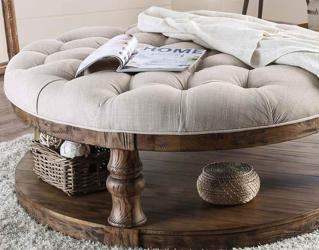 Rustic Style Round Wooden Coffee Table Antique Oak Finish supported Turned Legs And Open Shelf