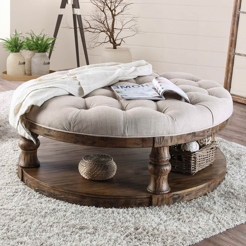 Rustic Style Round Wooden Coffee Table Antique Oak Finish supported Turned Legs And Open Shelf