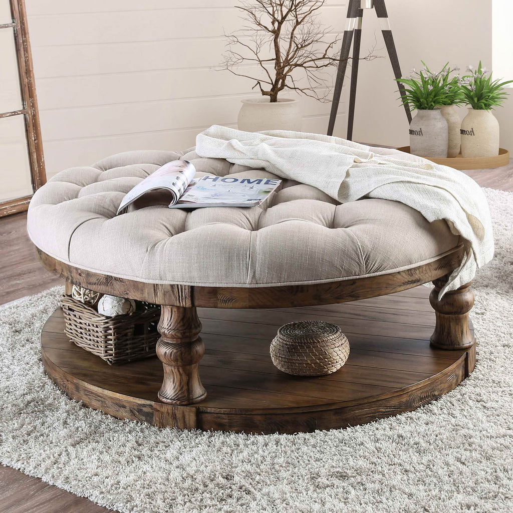 Rustic Style Round Wooden Coffee Table Antique Oak Finish supported Turned Legs And Open Shelf