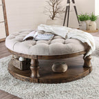 Rustic Style Round Wooden Coffee Table Antique Oak Finish supported Turned Legs And Open Shelf