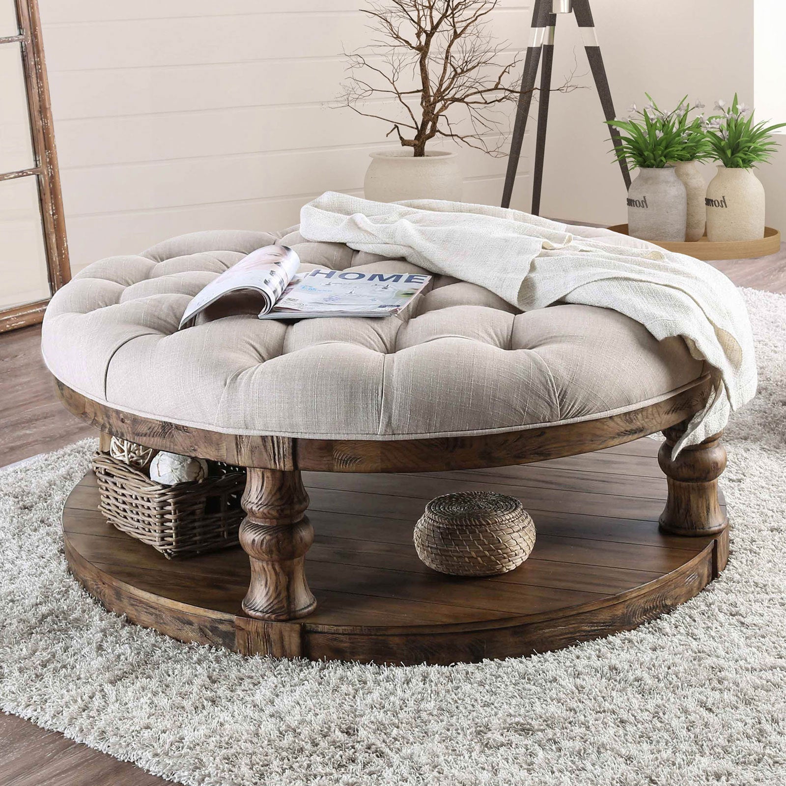 Rustic Style Round Wooden Coffee Table Antique Oak Finish supported Turned Legs And Open Shelf
