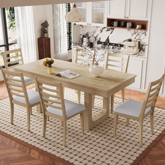 7PCs Extendable Dining Table Set, Farmhouse Extendable Table with 18' Move Leaf, 78' Rustic Wooden Kitchen Table and 6PCs Upholstered Chairs, Expanding Dining Room Table Set Dining Table Set