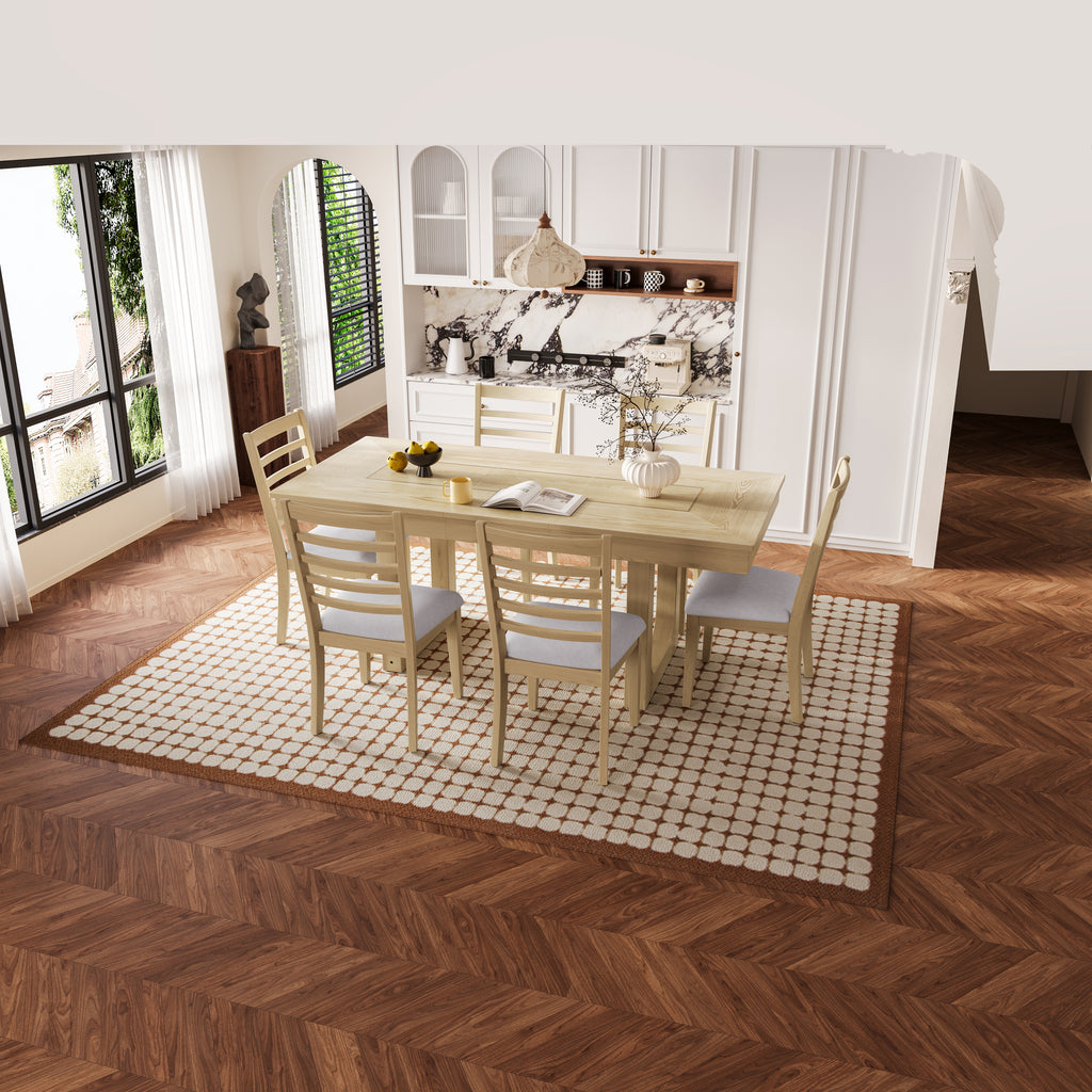 7PCs Extendable Dining Table Set, Farmhouse Extendable Table with 18' Move Leaf, 78' Rustic Wooden Kitchen Table and 6PCs Upholstered Chairs, Expanding Dining Room Table Set Dining Table Set