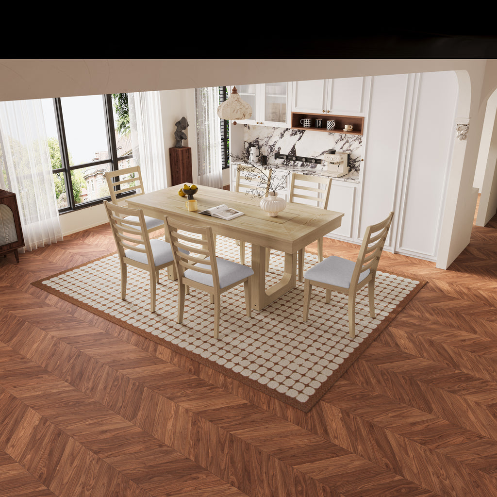 7PCs Extendable Dining Table Set, Farmhouse Extendable Table with 18' Move Leaf, 78' Rustic Wooden Kitchen Table and 6PCs Upholstered Chairs, Expanding Dining Room Table Set Dining Table Set