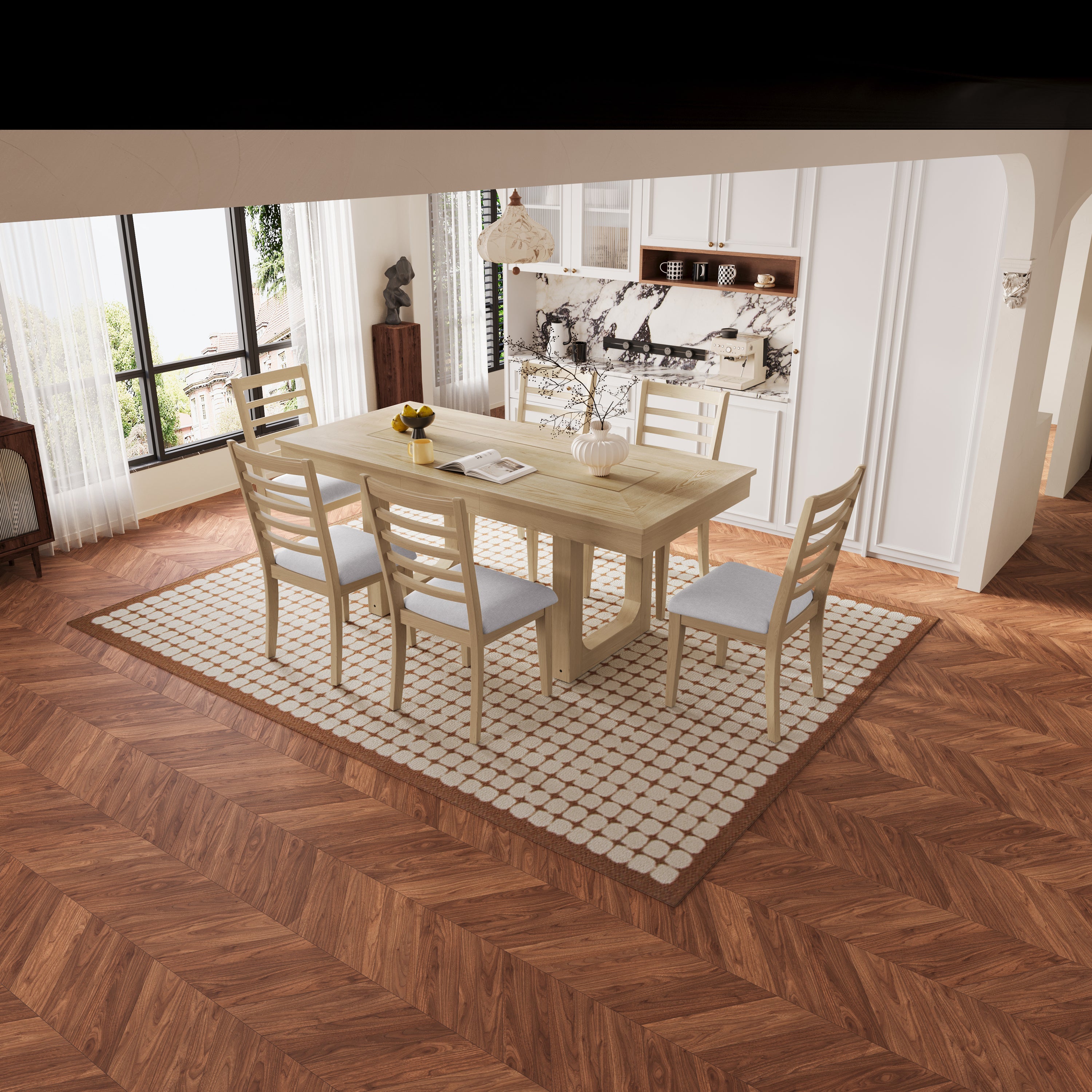 7PCs Extendable Dining Table Set, Farmhouse Extendable Table with 18' Move Leaf, 78' Rustic Wooden Kitchen Table and 6PCs Upholstered Chairs, Expanding Dining Room Table Set Dining Table Set