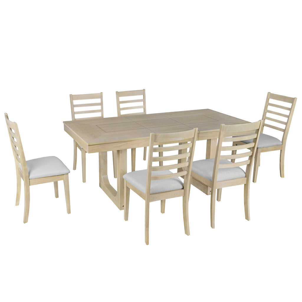 7PCs Extendable Dining Table Set, Farmhouse Extendable Table with 18' Move Leaf, 78' Rustic Wooden Kitchen Table and 6PCs Upholstered Chairs, Expanding Dining Room Table Set Dining Table Set