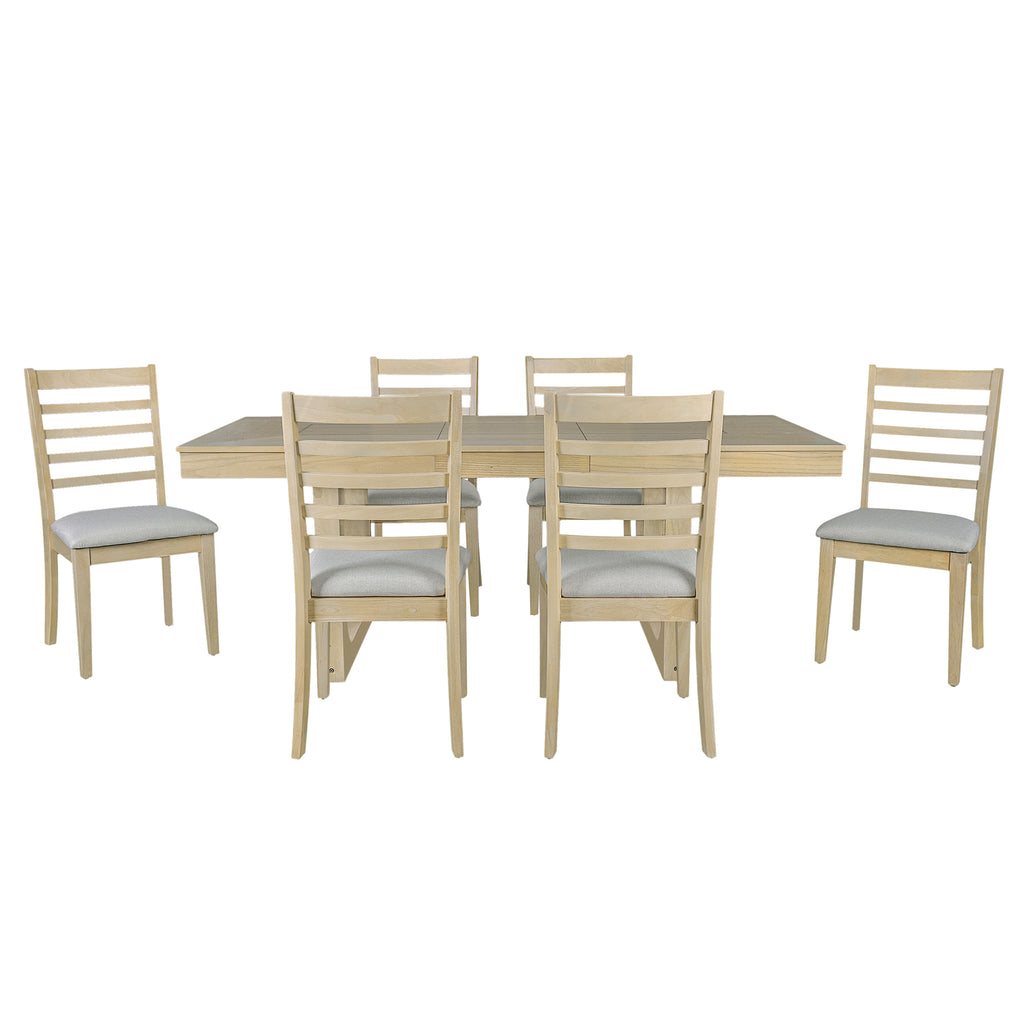 7PCs Extendable Dining Table Set, Farmhouse Extendable Table with 18' Move Leaf, 78' Rustic Wooden Kitchen Table and 6PCs Upholstered Chairs, Expanding Dining Room Table Set Dining Table Set