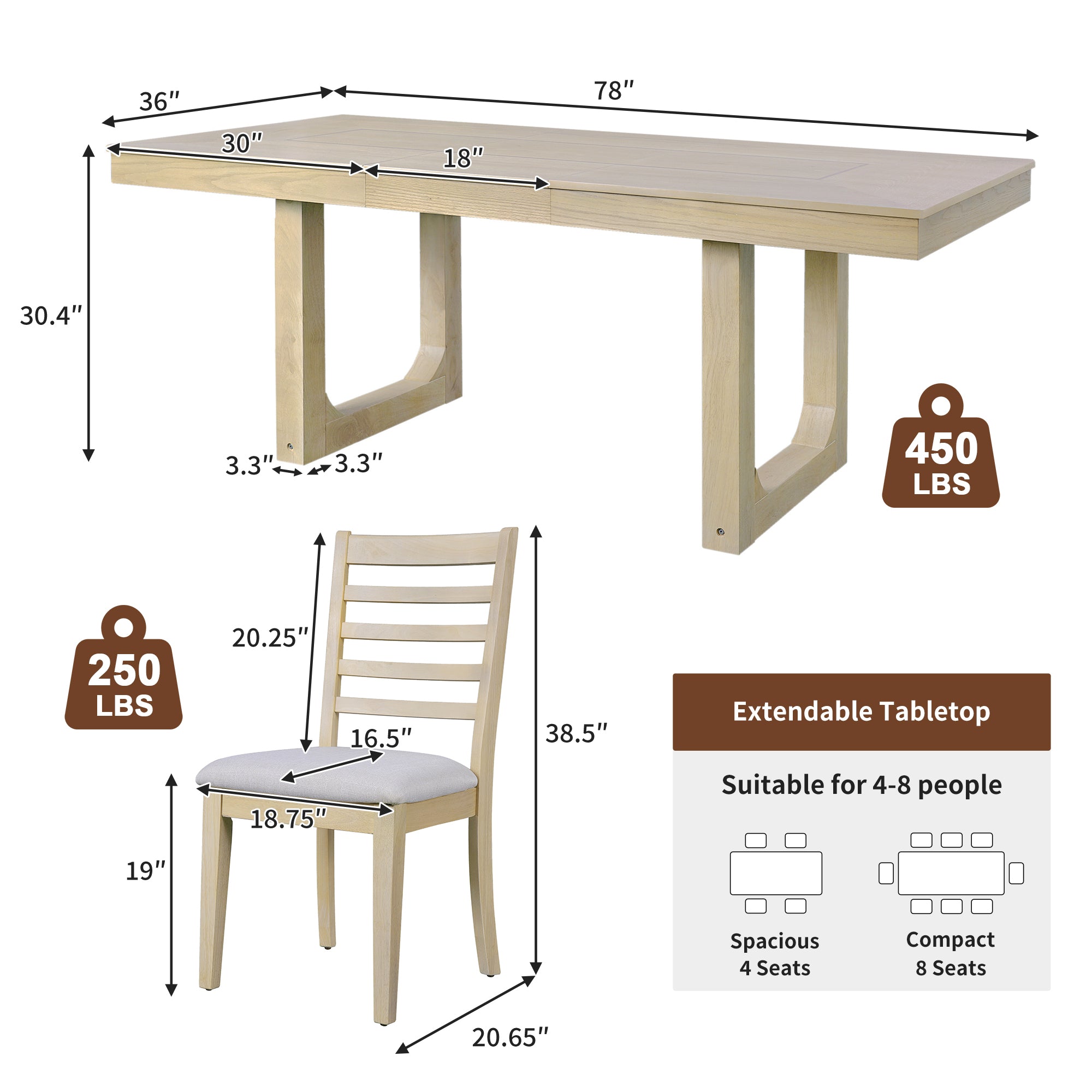 7PCs Extendable Dining Table Set, Farmhouse Extendable Table with 18' Move Leaf, 78' Rustic Wooden Kitchen Table and 6PCs Upholstered Chairs, Expanding Dining Room Table Set Dining Table Set