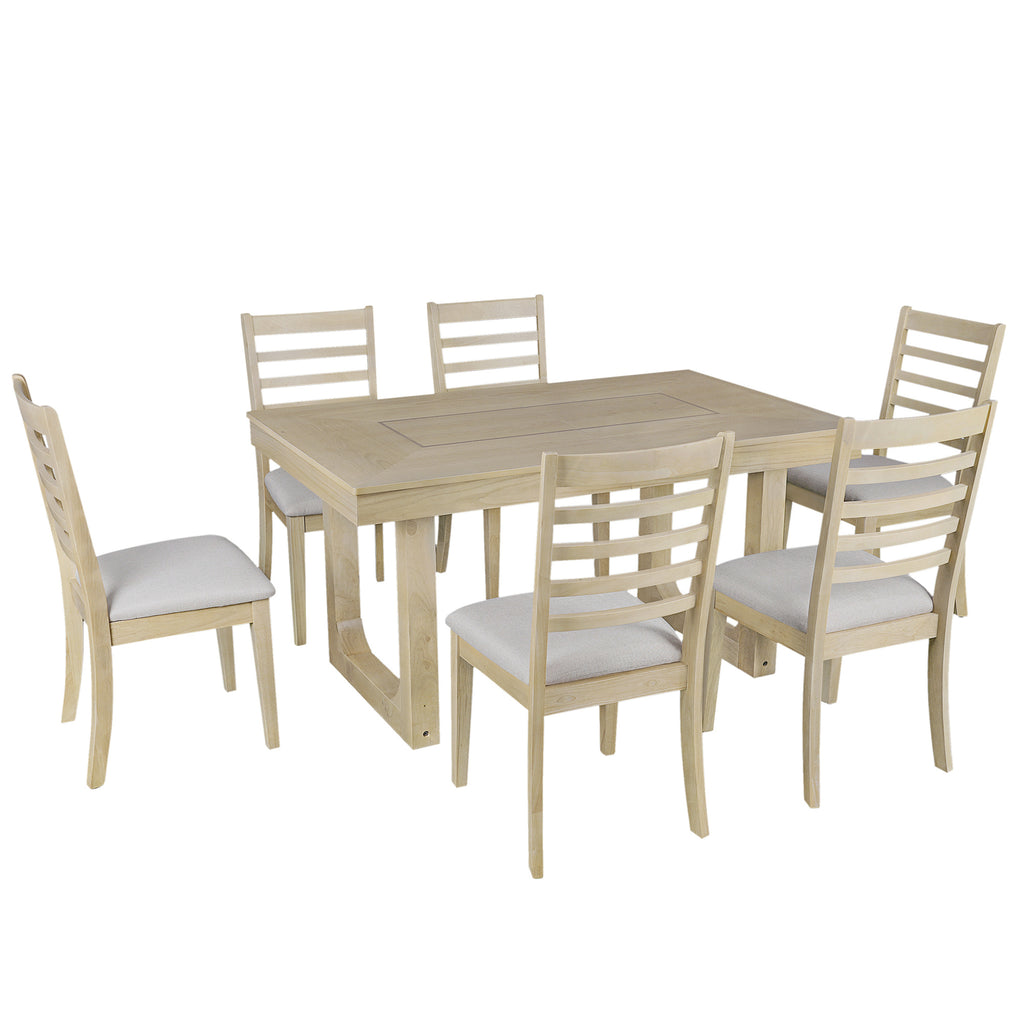 7PCs Extendable Dining Table Set, Farmhouse Extendable Table with 18' Move Leaf, 78' Rustic Wooden Kitchen Table and 6PCs Upholstered Chairs, Expanding Dining Room Table Set Dining Table Set