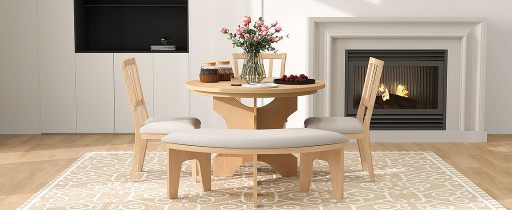TREXM 5-piece Rustic Charm Round Dining Set with 3 Upholstered Chairs and Curved Bench for Dining Room, Kitchen and Living Room (Natural)