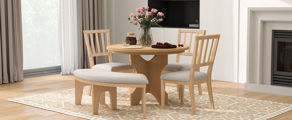 TREXM 5-piece Rustic Charm Round Dining Set with 3 Upholstered Chairs and Curved Bench for Dining Room, Kitchen and Living Room (Natural)