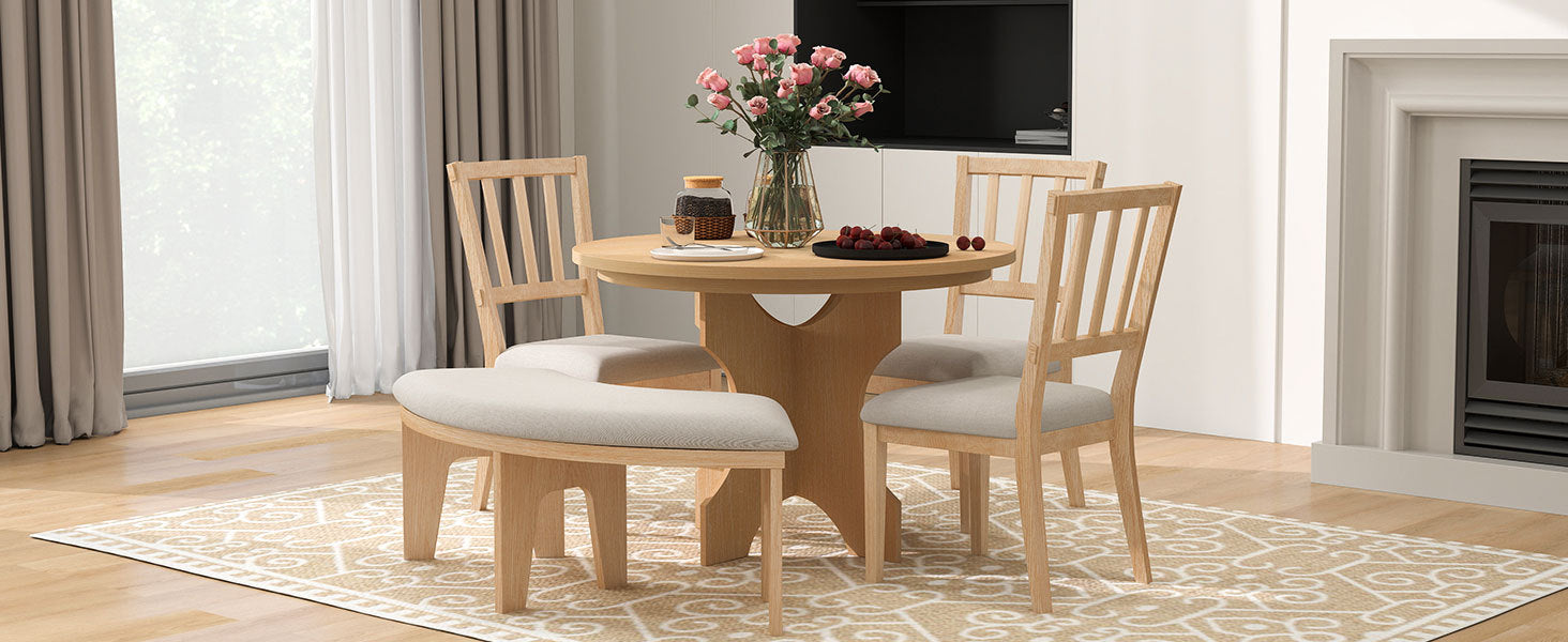 TREXM 5-piece Rustic Charm Round Dining Set with 3 Upholstered Chairs and Curved Bench for Dining Room, Kitchen and Living Room (Natural)