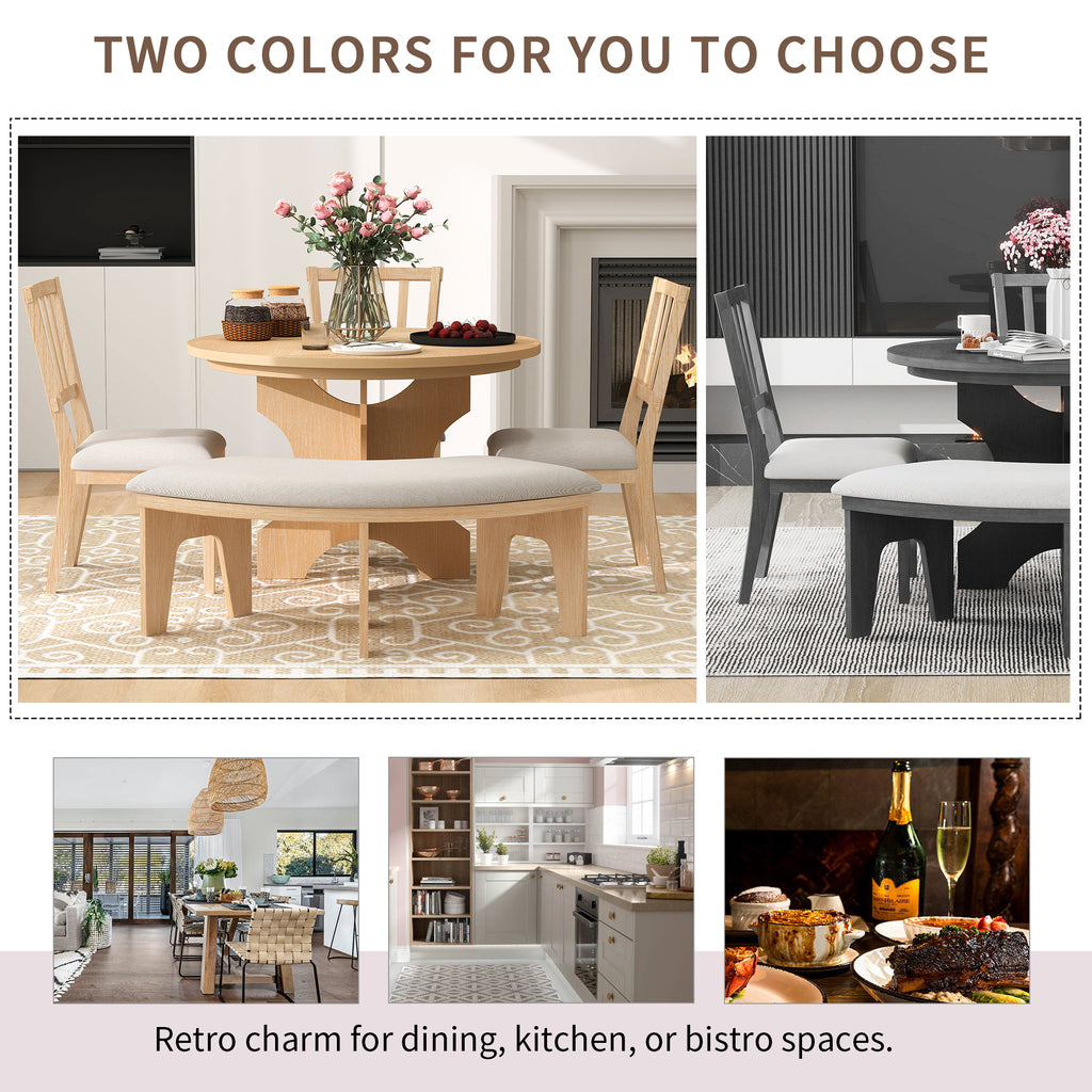 TREXM 5-piece Rustic Charm Round Dining Set with 3 Upholstered Chairs and Curved Bench for Dining Room, Kitchen and Living Room (Natural)