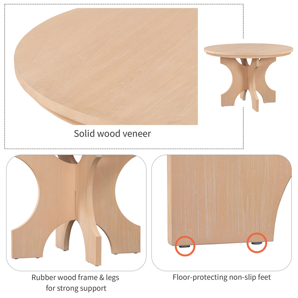 TREXM 5-piece Rustic Charm Round Dining Set with 3 Upholstered Chairs and Curved Bench for Dining Room, Kitchen and Living Room (Natural)