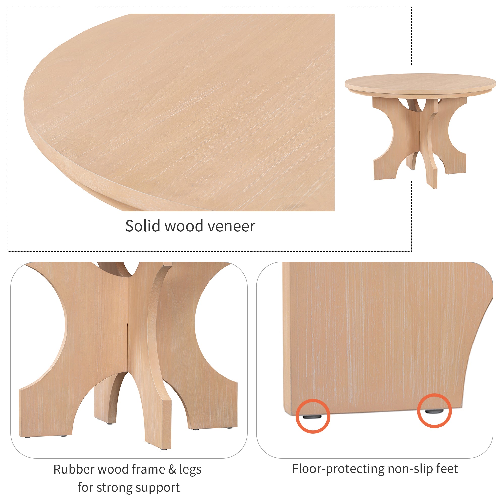 TREXM 5-piece Rustic Charm Round Dining Set with 3 Upholstered Chairs and Curved Bench for Dining Room, Kitchen and Living Room (Natural)