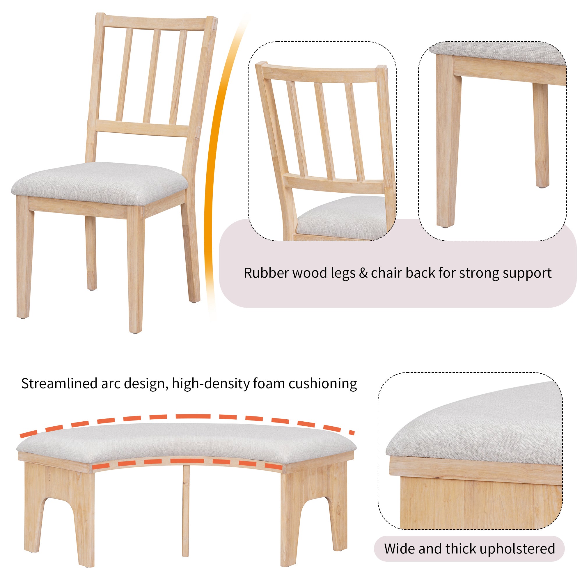 TREXM 5-piece Rustic Charm Round Dining Set with 3 Upholstered Chairs and Curved Bench for Dining Room, Kitchen and Living Room (Natural)