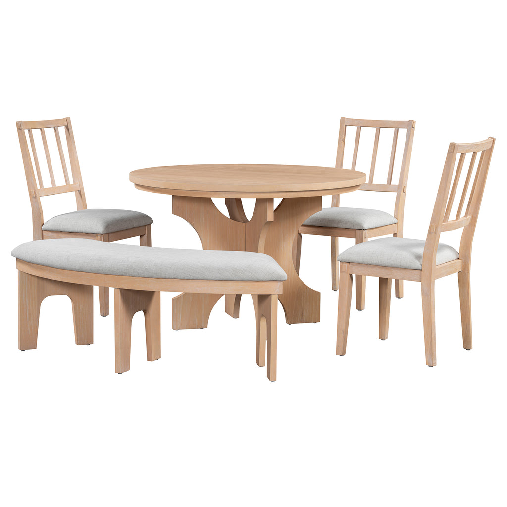 TREXM 5-piece Rustic Charm Round Dining Set with 3 Upholstered Chairs and Curved Bench for Dining Room, Kitchen and Living Room (Natural)