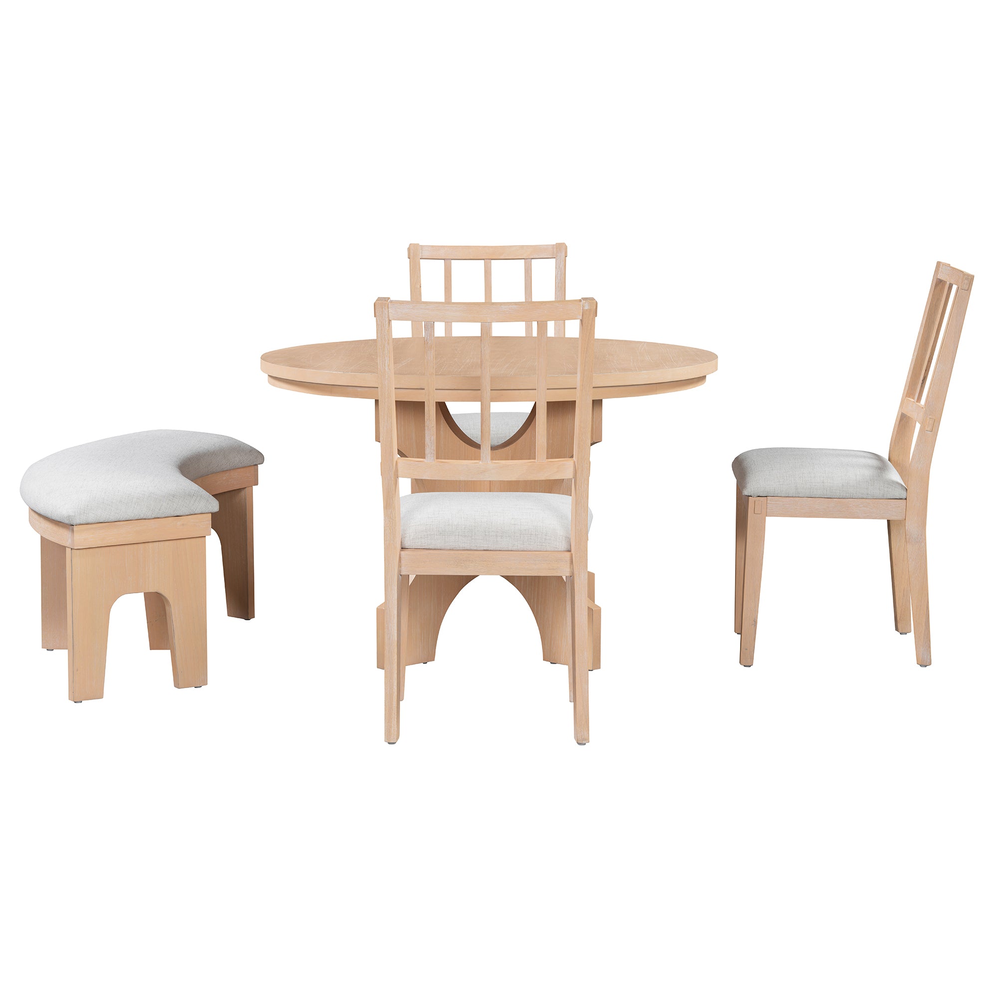 TREXM 5-piece Rustic Charm Round Dining Set with 3 Upholstered Chairs and Curved Bench for Dining Room, Kitchen and Living Room (Natural)