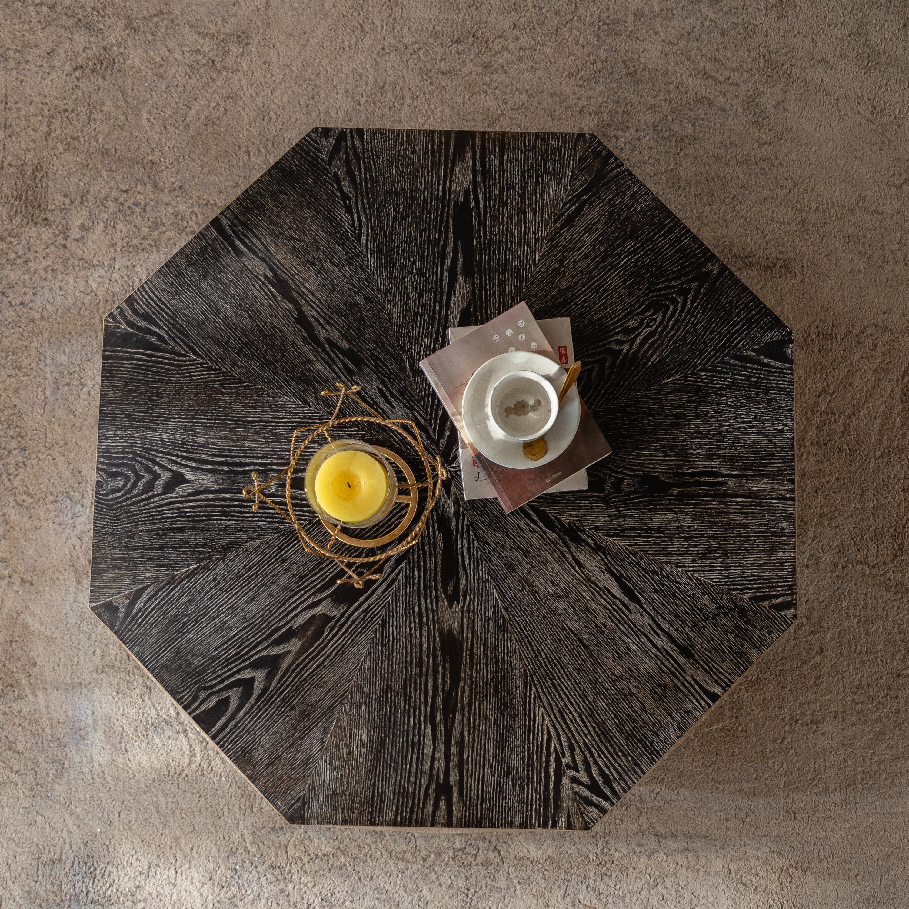 Octagon Coffee Table,38' Retro Style Wood Center Table with Three-Dimensional Embossed Pattern,Rustic Cocktail Table Center Large Circle Coffee Table for Living Room Home