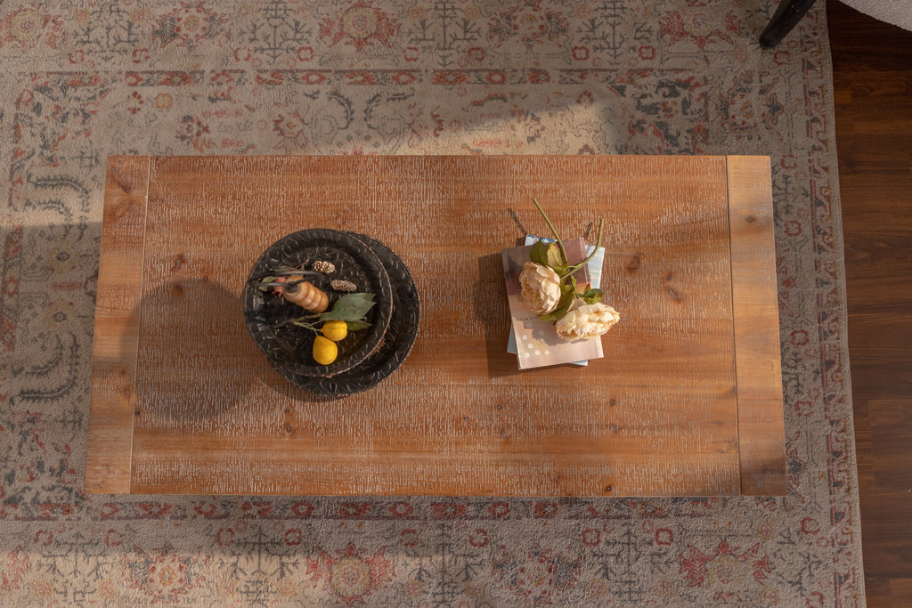 Rectangle Coffee Table with Solid Wood for Living Room, Large 2-Tier Rustic Coffee Table with Storage Shelf, Office and Apartment, Easy Assembly