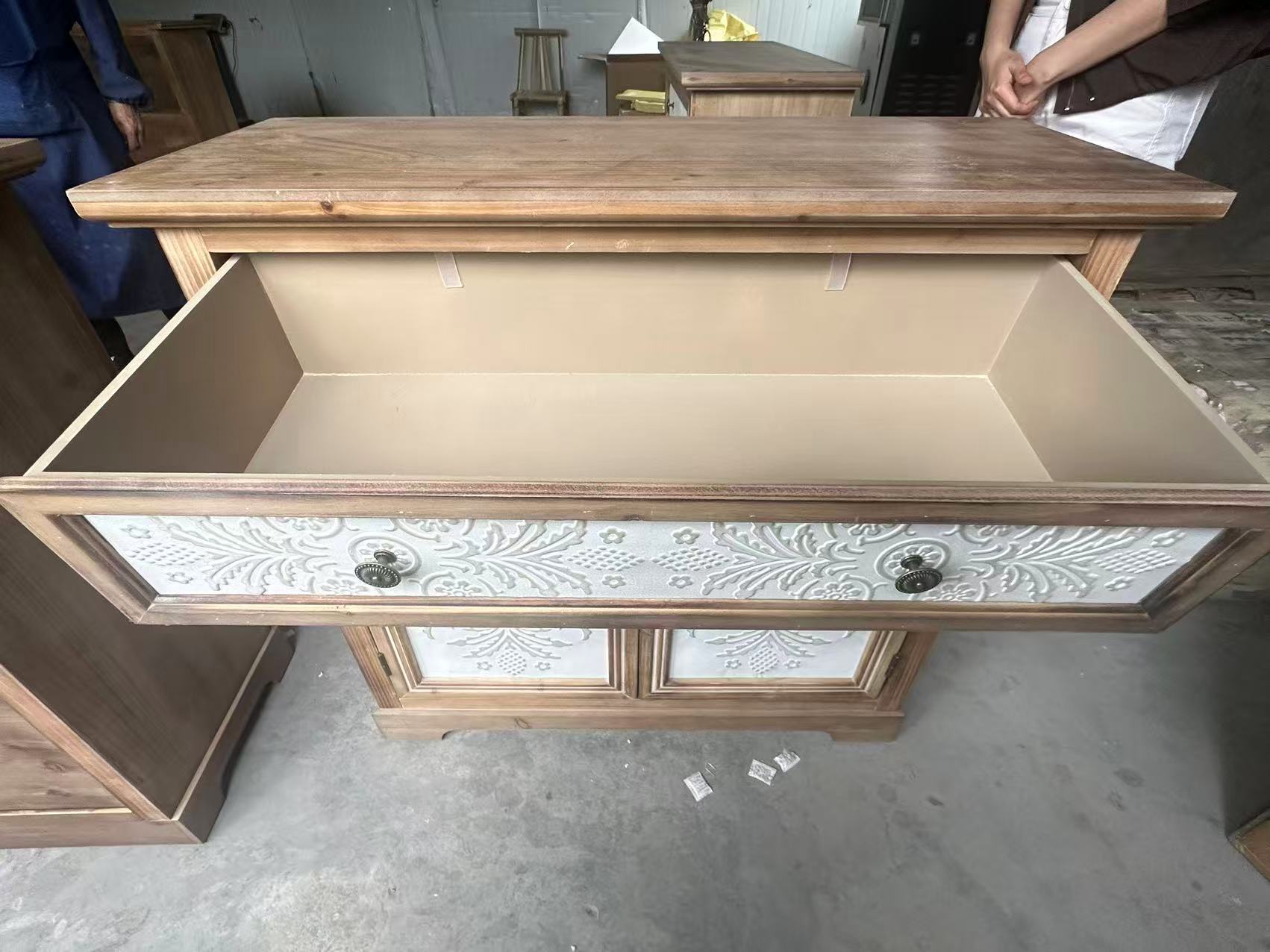 Rustic Vintage Accent Cabinet with Carved Floral Panels, Distressed Wood Sideboard with Drawer and Double Doors, Farmhouse Storage Cabinet for Living Room, Entryway, or Bedroom