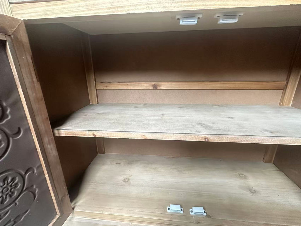 Rustic Vintage Accent Cabinet with Carved Floral Panels, Distressed Wood Sideboard with Drawer and Double Doors, Farmhouse Storage Cabinet for Living Room, Entryway, or Bedroom