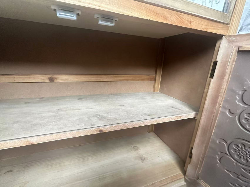 Rustic Vintage Accent Cabinet with Carved Floral Panels, Distressed Wood Sideboard with Drawer and Double Doors, Farmhouse Storage Cabinet for Living Room, Entryway, or Bedroom