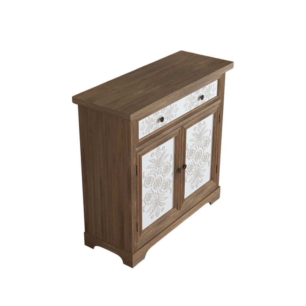 Rustic Vintage Accent Cabinet with Carved Floral Panels, Distressed Wood Sideboard with Drawer and Double Doors, Farmhouse Storage Cabinet for Living Room, Entryway, or Bedroom