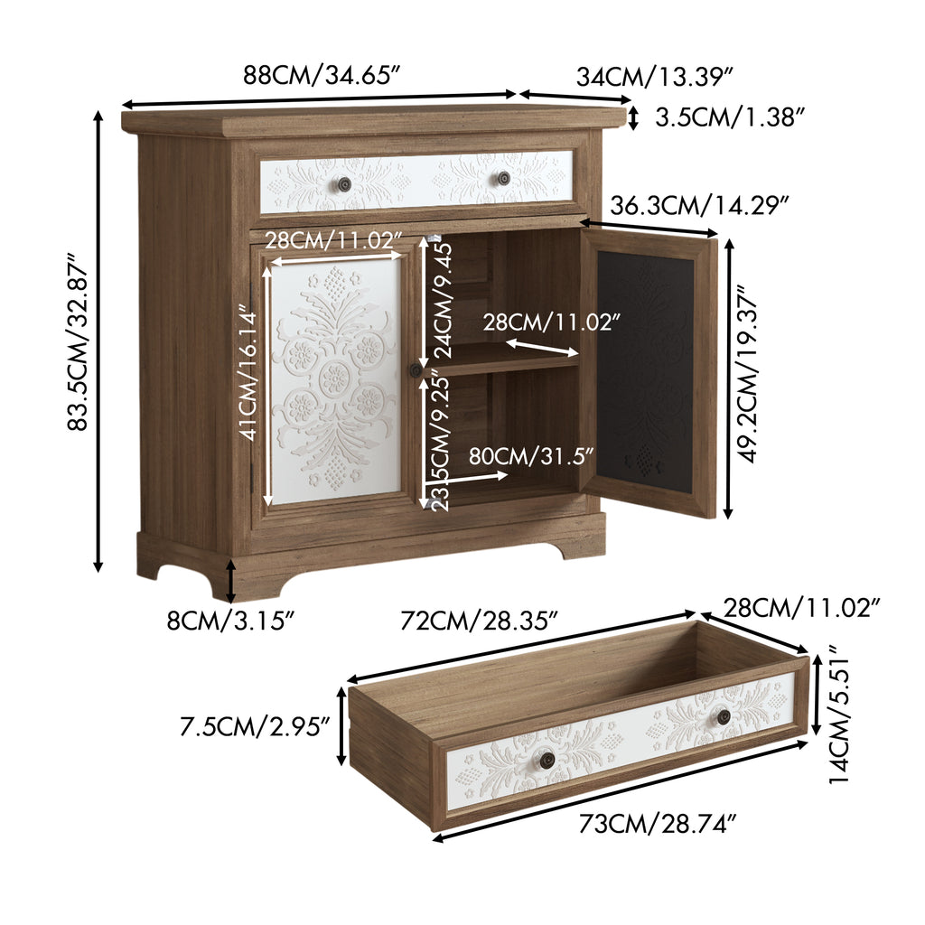 Rustic Vintage Accent Cabinet with Carved Floral Panels, Distressed Wood Sideboard with Drawer and Double Doors, Farmhouse Storage Cabinet for Living Room, Entryway, or Bedroom