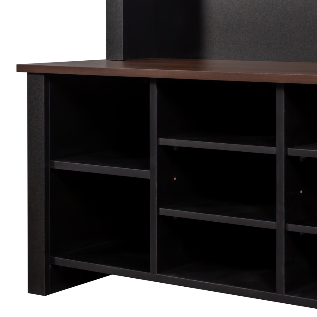 ON-TREND Farmhouse 4-in-1 Hall Tree with 6 Hooks, Practical Walnut Entryway Bench with Adjustable Shelves, Wooden Style Rustic Shoe Organizer with 16 Open Compartments for Mudroom, Living Room, Black