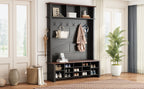 ON-TREND Farmhouse 4-in-1 Hall Tree with 6 Hooks, Practical Walnut Entryway Bench with Adjustable Shelves, Wooden Style Rustic Shoe Organizer with 16 Open Compartments for Mudroom, Living Room, Black