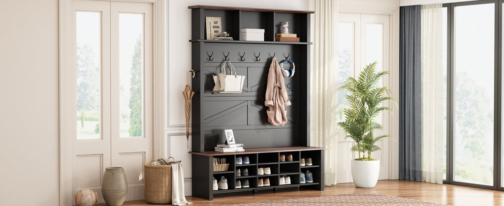 ON-TREND Farmhouse 4-in-1 Hall Tree with 6 Hooks, Practical Walnut Entryway Bench with Adjustable Shelves, Wooden Style Rustic Shoe Organizer with 16 Open Compartments for Mudroom, Living Room, Black