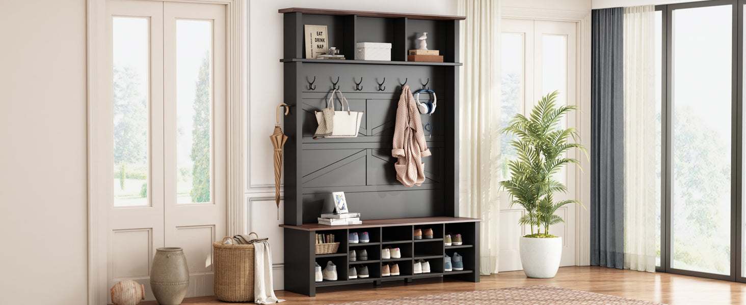 ON-TREND Farmhouse 4-in-1 Hall Tree with 6 Hooks, Practical Walnut Entryway Bench with Adjustable Shelves, Wooden Style Rustic Shoe Organizer with 16 Open Compartments for Mudroom, Living Room, Black