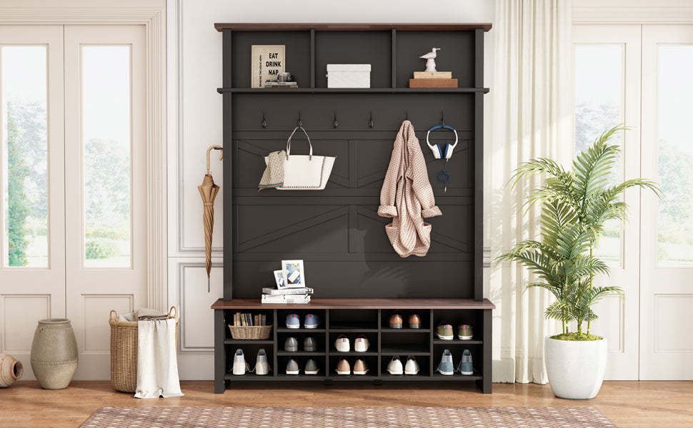 ON-TREND Farmhouse 4-in-1 Hall Tree with 6 Hooks, Practical Walnut Entryway Bench with Adjustable Shelves, Wooden Style Rustic Shoe Organizer with 16 Open Compartments for Mudroom, Living Room, Black