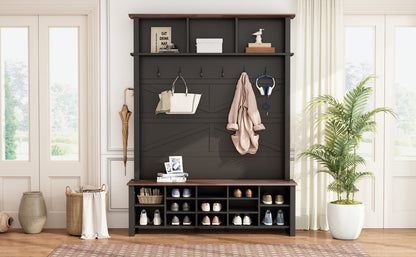 ON-TREND Farmhouse 4-in-1 Hall Tree with 6 Hooks, Practical Walnut Entryway Bench with Adjustable Shelves, Wooden Style Rustic Shoe Organizer with 16 Open Compartments for Mudroom, Living Room, Black