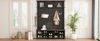 ON-TREND Farmhouse 4-in-1 Hall Tree with 6 Hooks, Practical Walnut Entryway Bench with Adjustable Shelves, Wooden Style Rustic Shoe Organizer with 16 Open Compartments for Mudroom, Living Room, Black