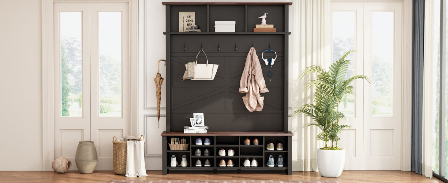 ON-TREND Farmhouse 4-in-1 Hall Tree with 6 Hooks, Practical Walnut Entryway Bench with Adjustable Shelves, Wooden Style Rustic Shoe Organizer with 16 Open Compartments for Mudroom, Living Room, Black