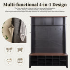 ON-TREND Farmhouse 4-in-1 Hall Tree with 6 Hooks, Practical Walnut Entryway Bench with Adjustable Shelves, Wooden Style Rustic Shoe Organizer with 16 Open Compartments for Mudroom, Living Room, Black